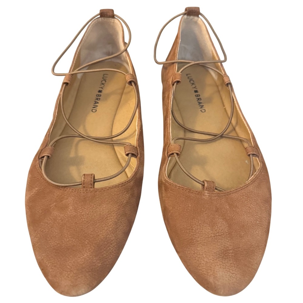 Lucky Brand LK AVIEE Brown Suede Leather Lace-Up Ballet Flats‎ Size 9.5M